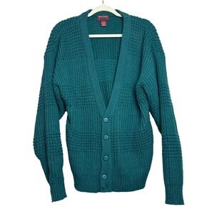 Vintage HIGH‎ SIERRA Mens M Teal Waffle Knit Cardigan Sweater Grandpa Cozy Chic